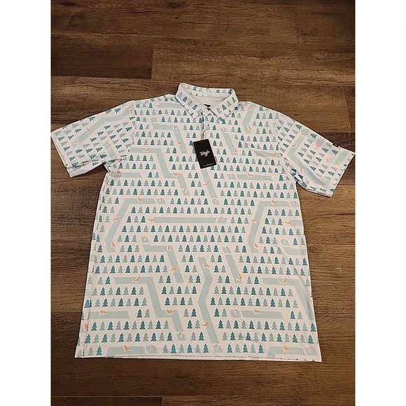 Waggle Fox Holes Polo Shirt Mens XL White Green Fox Print Performance Stretch - Picture 2 of 4